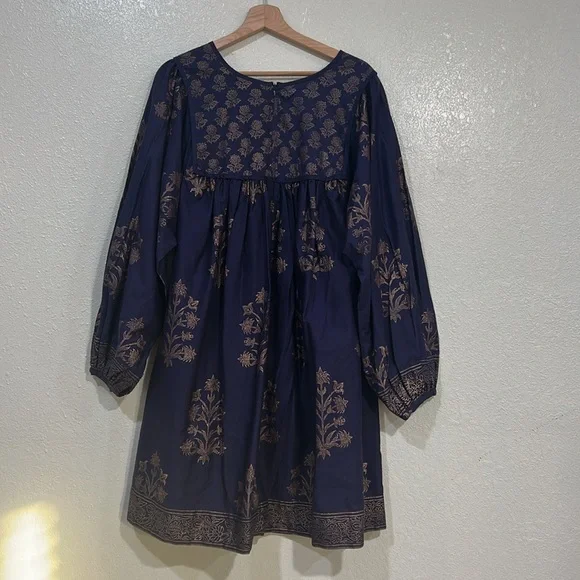 SZ BLOCKPRINTS WOMEN KITTY MIDI DRESS NAVY FLORAL Sz LG - Picture 2 of 11